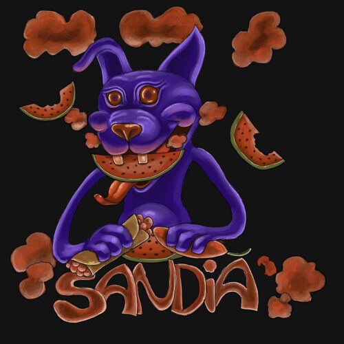 A blue dog that loves watermelon, tacos and hot peppers, his name is Sandia.