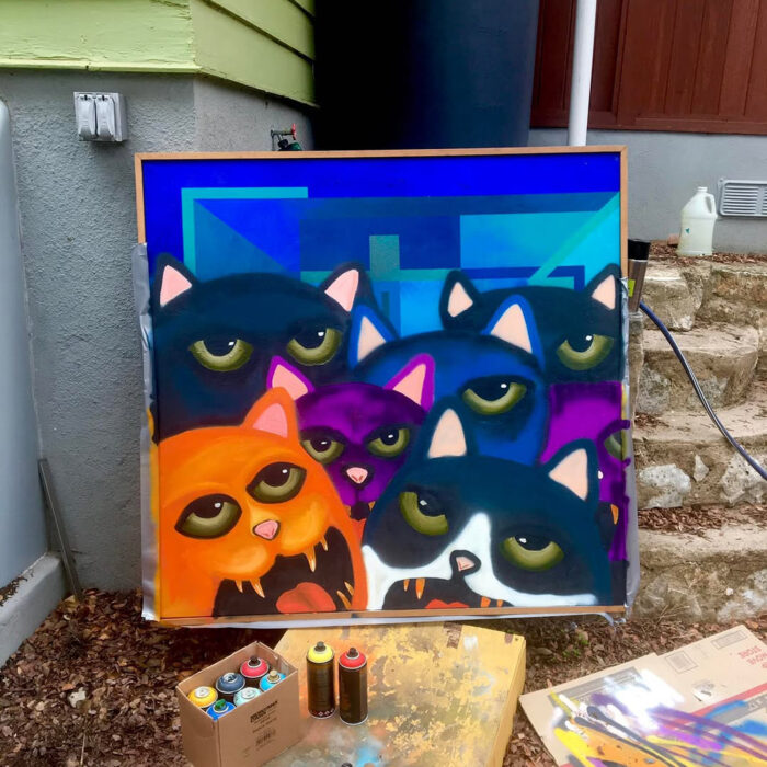 Cats. Spray paint on canvas.