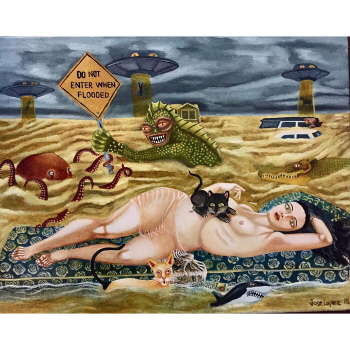 Do not enter when flooded. Oil on canvas, 16x20