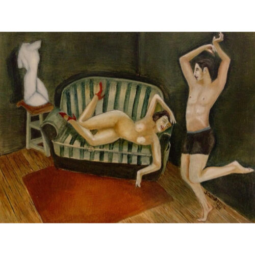 Small painting on wood from 2012. I made this one for a friend of mine who lives in Mexico city, because he described that image to me long time ago. I believe he did that little dance in front of his girlfriend.