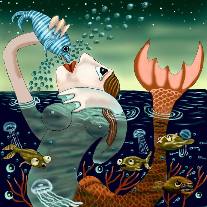 The kisses of the mermaid. A mermaid and a lonely dolphin kiss at sea.