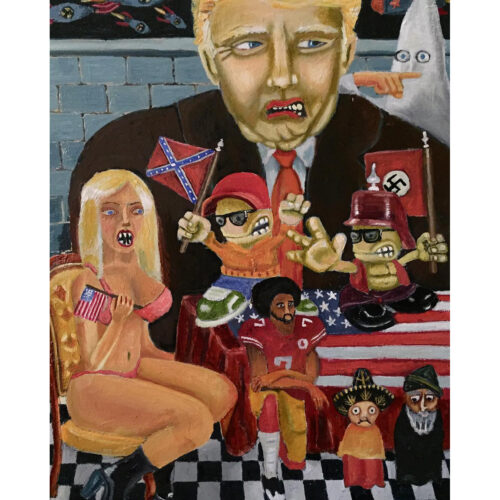 The world of the good guys and the bad guys. Oil on panel.