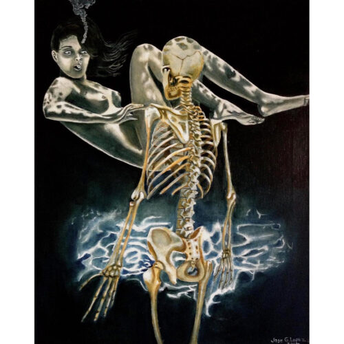 skeleton and woman under water - oil on canvas from 2012, 16x22